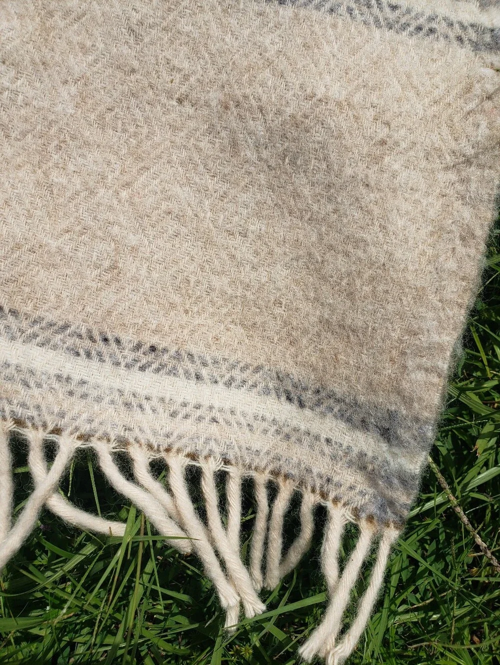 Vintage Handwoven Striped Wool Throw Blanket - Neutral Cream Beige